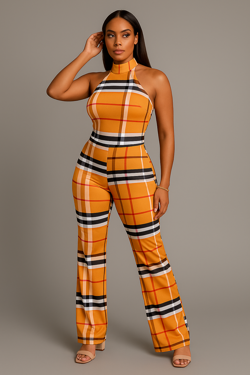 Plaid Halter Neck Two-Piece Set – Mustard & Black