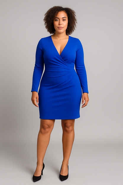 Royal Blue Long Sleeve Wrap Bodycon Dress – Deep V-Neck Elegance