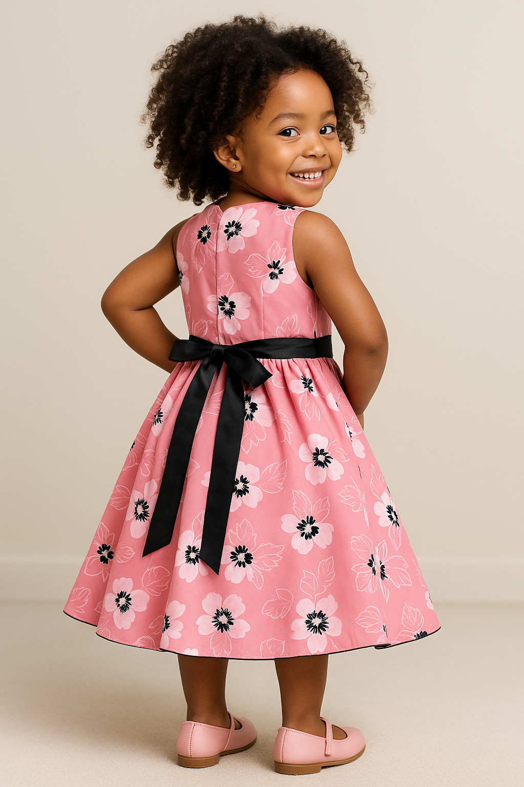 Pink Floral Party Dress with Black Bow – Toddler Girls