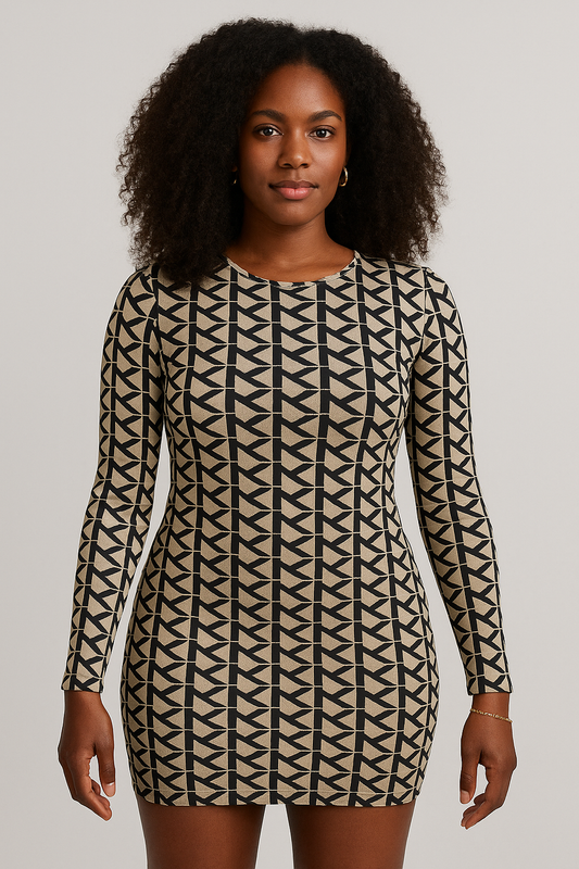 MK Monogram Long Sleeve Bodycon Mini Dress – Beige & Black