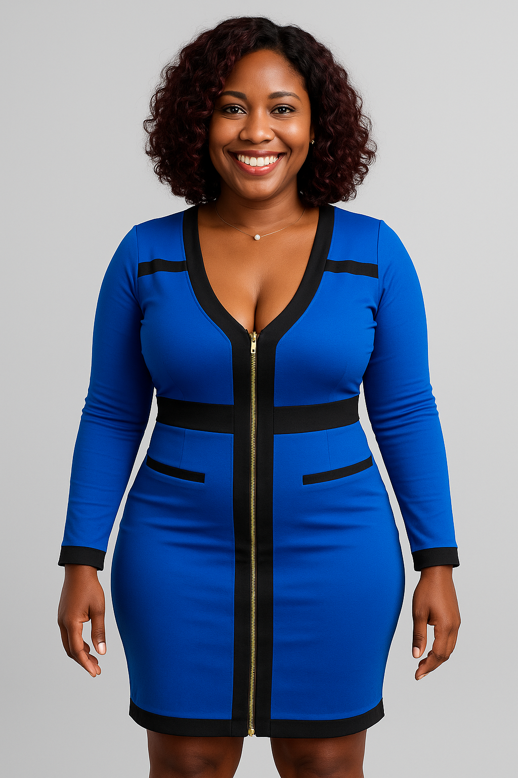 Royal Blue Bodycon Dress with Black Trim and Front Zipper