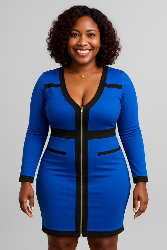 Royal Blue Bodycon Dress with Black Trim and Front Zipper