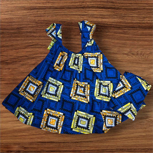 Girls’ Ankara Sleeveless Top and Wrapper Set – Blue & Yellow Geometric Print