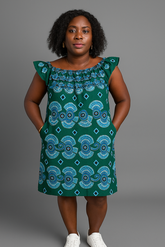 Elegant Green Ankara Off-Shoulder Dress with Ruffle Detail
