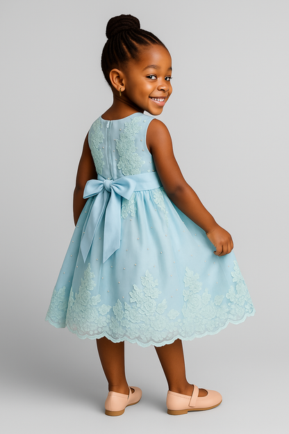 Royal Blue Lace & Pearl Party Dress for Girls – Back Bow Detail