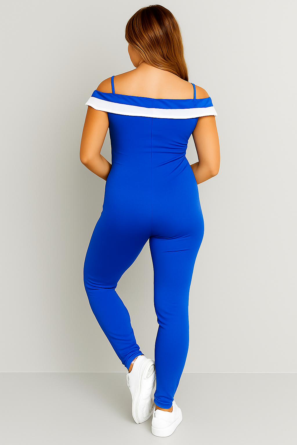 Off-Shoulder Jumpsuit with White Accent Trim