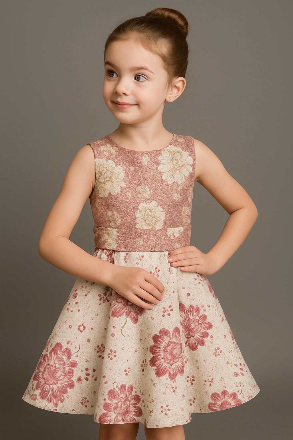 Blush Gold Brocade Round Open Back Floral Dress for Girls