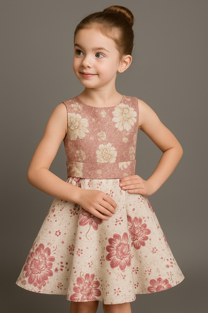 Blush Gold Brocade Round Open Back Floral Dress for Girls