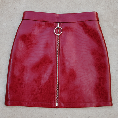 Glossy Red Faux Leather Croc-Embossed Mini Skirt with Front Zipper