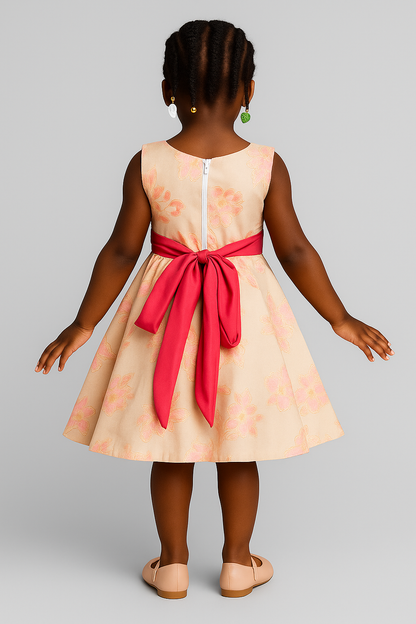 Girls’ Floral Brocade Party Dress with Pink Bow