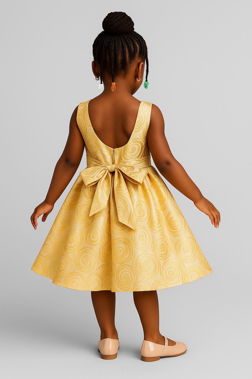 Girls’ Elegant Gold Swirl Party Dress with Bow