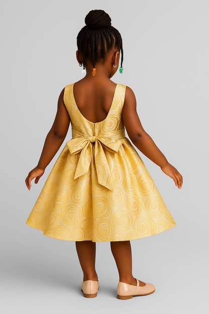 Girls’ Elegant Gold Swirl Party Dress with Bow
