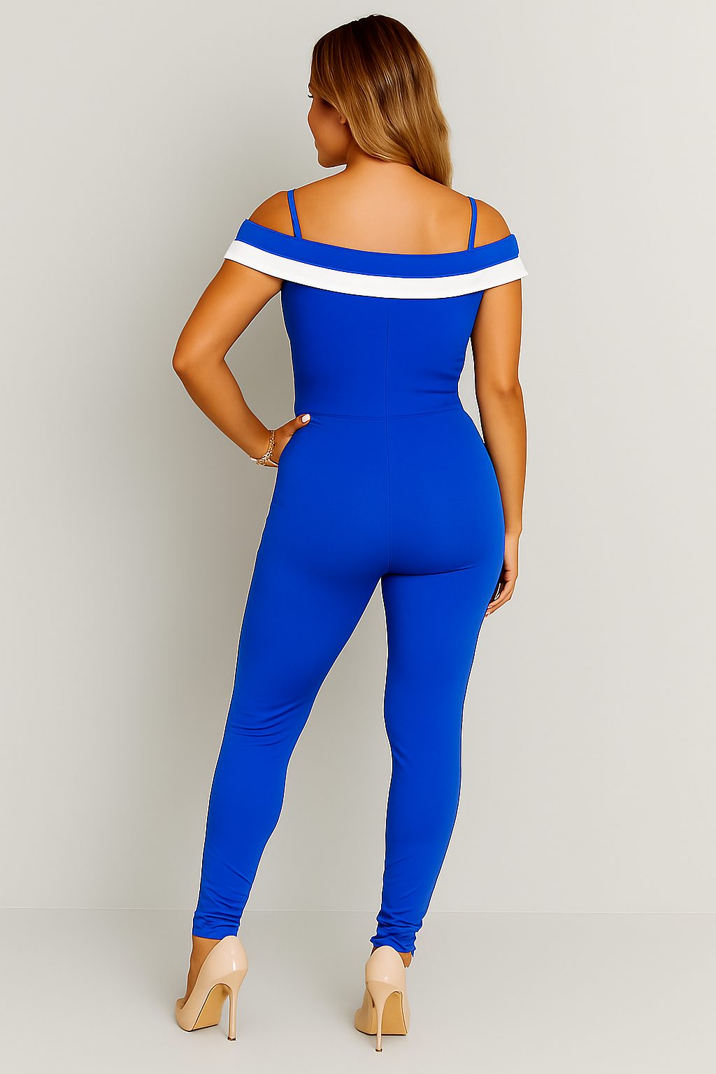 Off-Shoulder Jumpsuit with White Accent Trim