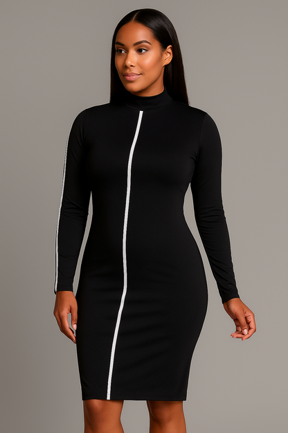 Long Sleeve Bodycon Dress with White Trim Detail
