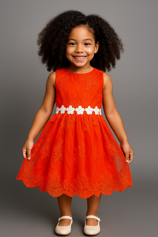 Sleeveless Red Floral Lace Girl's Party Dress – with Open Back