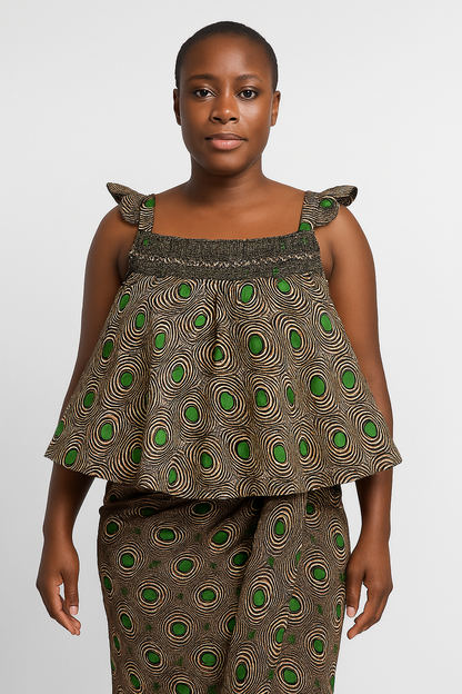 Girls’ Ankara Sleeveless Top and Wrapper Set– Green & Brown African Print