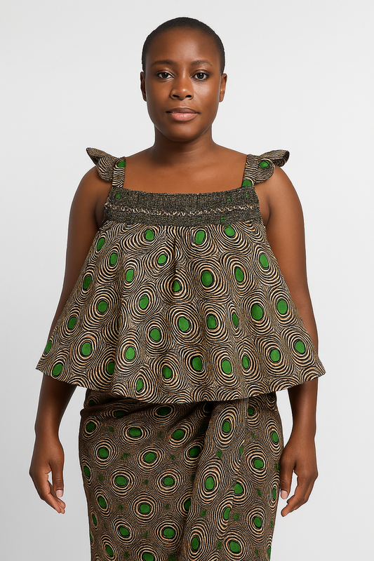 Girls’ Ankara Sleeveless Top and Wrapper Set– Green & Brown African Print