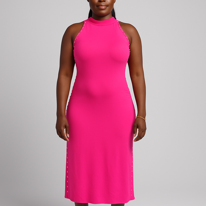 Studded Bodycon Midi Dress – Sleeveless Slit Detail