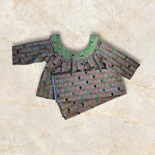 Girls’ Ankara Top and Wrapper Set – Green & Brown African Print