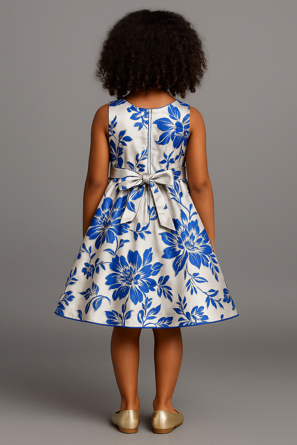 Girls Elegant Blue & Gold Floral Party Dress