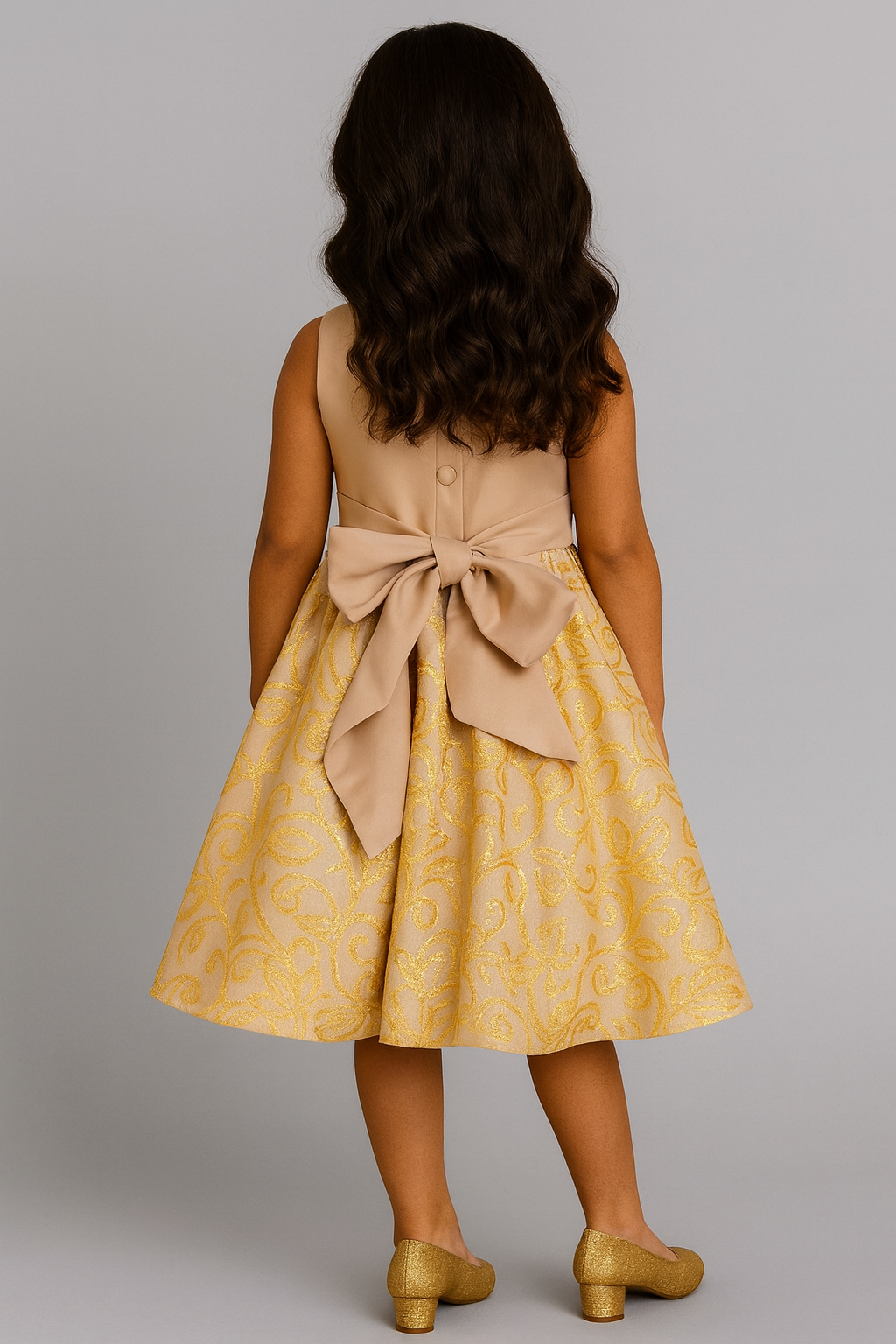 Champagne Gold Floral Dress with Bow – Elegant Girl Party Dress