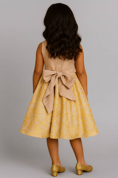 Champagne Gold Floral Dress with Bow – Elegant Girl Party Dress