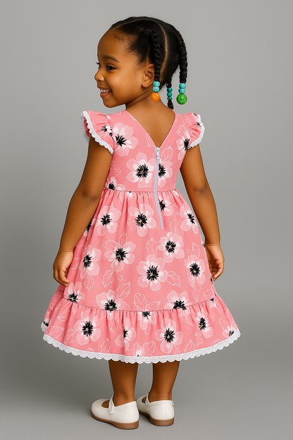 Girls’ Pink Floral Summer Dress with Ruffle Hem