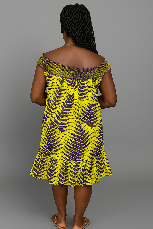 Women’s Off-Shoulder Ankara Dress – Yellow & Purple Print