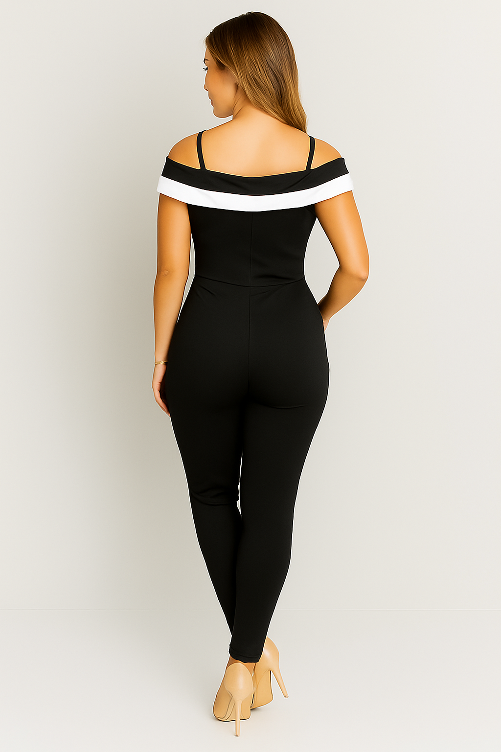 Off-Shoulder Jumpsuit with White Accent Trim