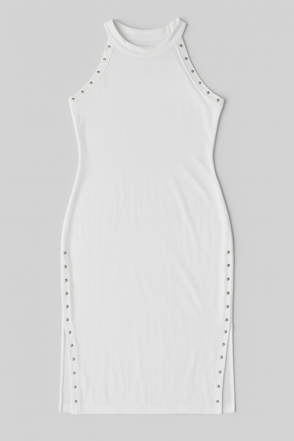 Studded Bodycon Midi Dress – Sleeveless Slit Detail