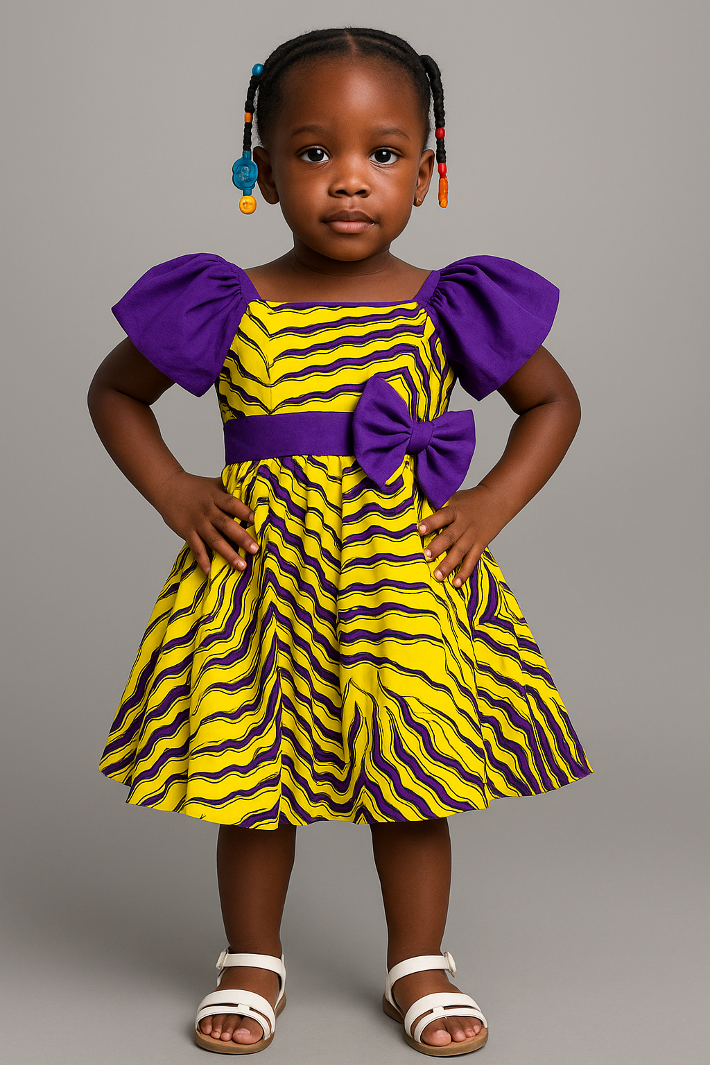 Girls' Puff Sleeve Ankara Party Dress – Yellow & Purple