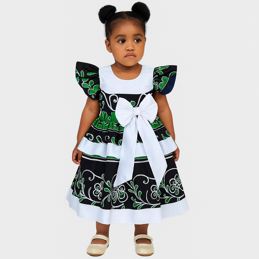 Girls Ankara Puff Sleeve Dress – African Print Party Dress with Bow