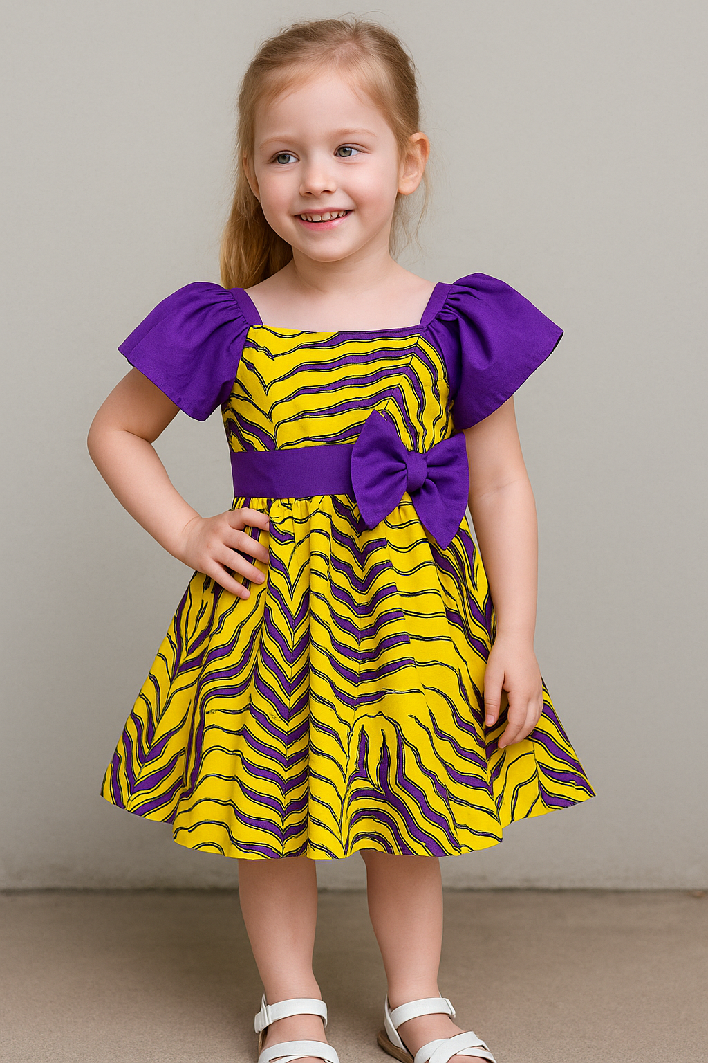 Girls' Puff Sleeve Ankara Party Dress – Yellow & Purple