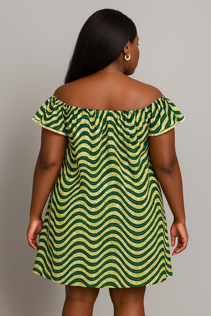 Green & Gold Wave Ankara Off-Shoulder Dress – Adult Size