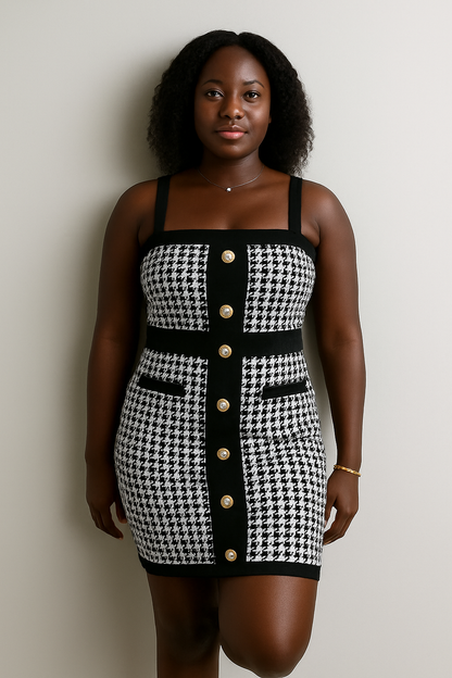 Houndstooth Gold-Button Bodycon Dress – Black & White Elegance