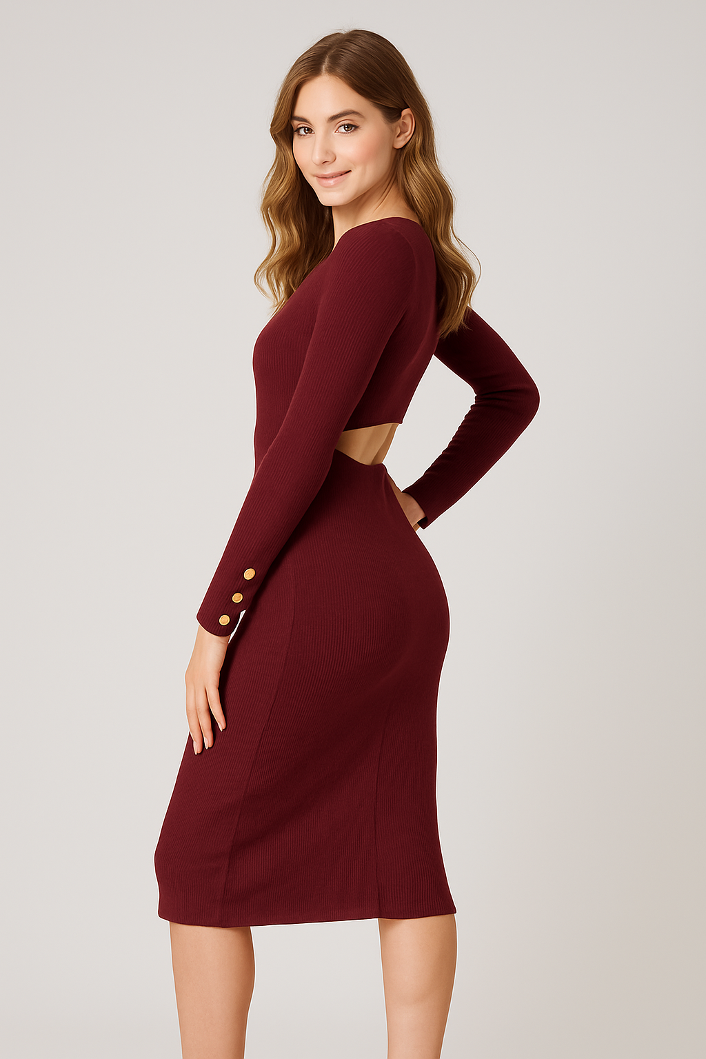 Burgundy Ribbed Knit Cutout Midi Dress with Gold Button Detail