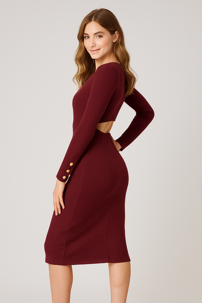 Burgundy Ribbed Knit Cutout Midi Dress with Gold Button Detail