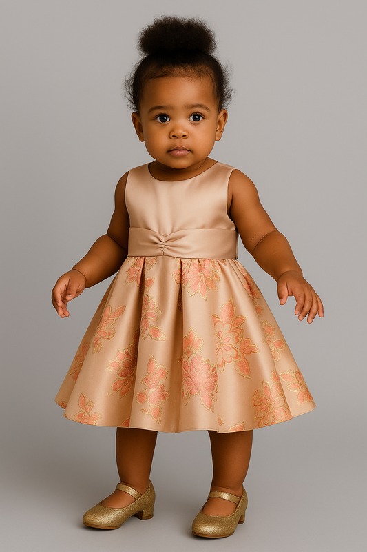 Peach Blossom Baby Girl Party Dress – Satin & Floral Elegance