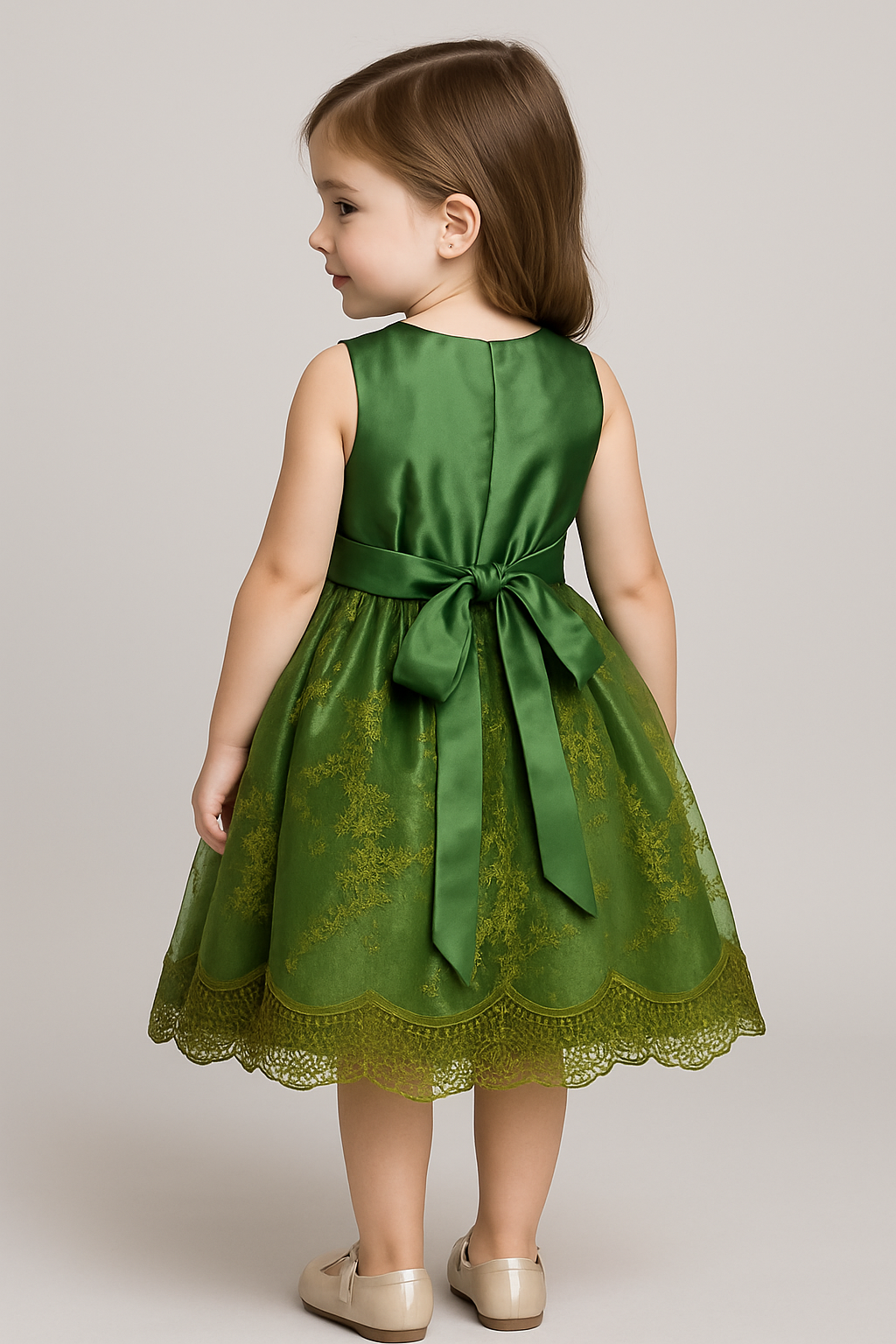 Elegant Green Satin & Lace Party Dress for Girls