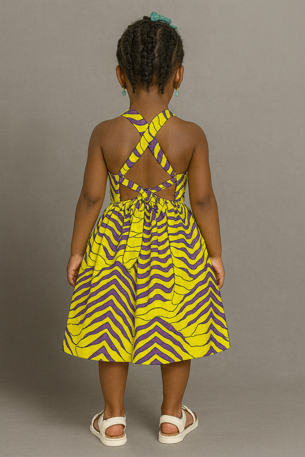 Girls’ Yellow & Purple Ankara Halter Dress with Crisscross Back