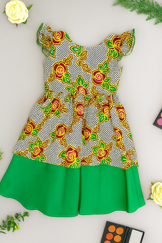Floral Ankara Ruffle Sleeve Girls Dress – Green Accent