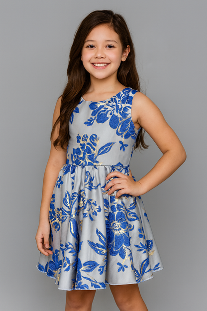 Girls Elegant Blue & Gold Floral Party Dress