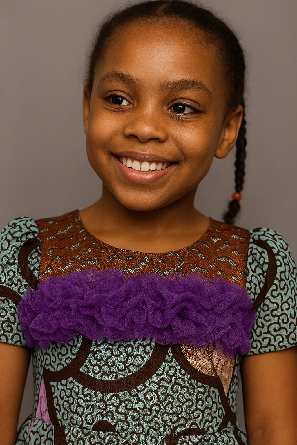 Green and Brown Ankara Print Girl's Dress with Puff Sleeves and Bow Back