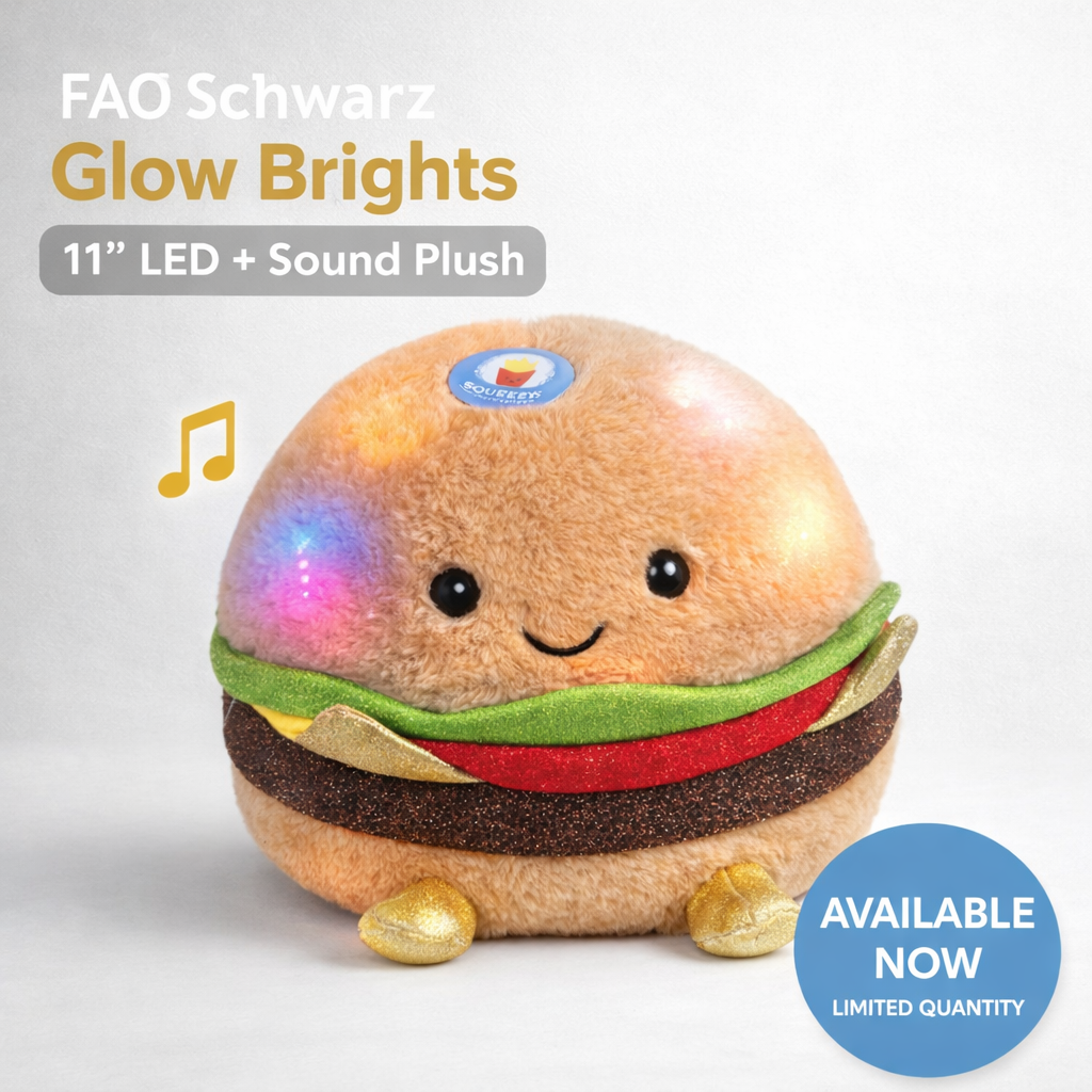 FAO Schwarz 11" Glow Brights Plush LED with Sound Burger – Polyester Stuffed Food Toy