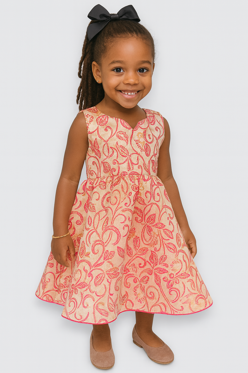 Girls’ Elegant Sleeveless Party Dress – Peach & Red Floral Design