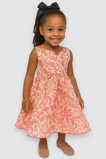 Girls’ Elegant Sleeveless Party Dress – Peach & Red Floral Design