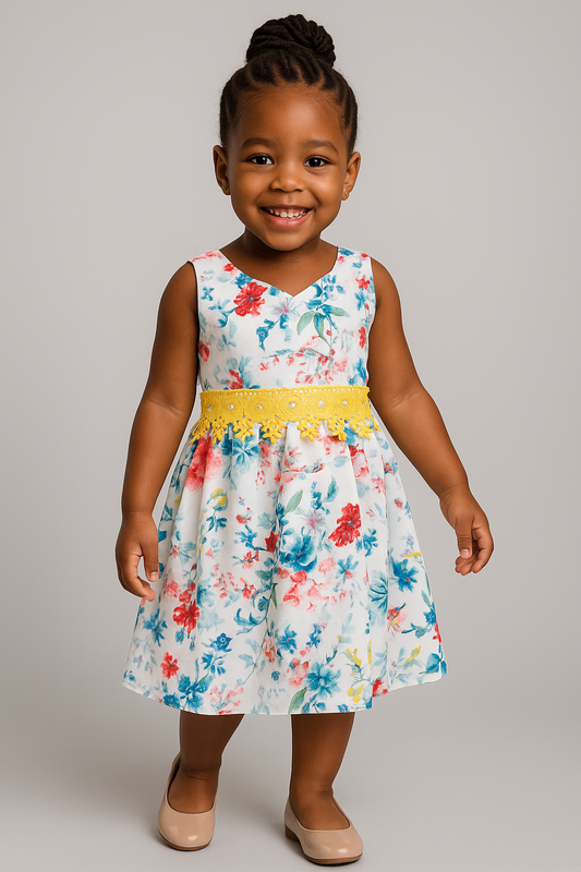 Floral Sleeveless Dress with Yellow Lace Belt