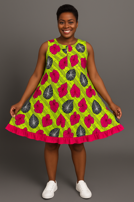 Sleeveless Ankara Trapeze Dress with Pink Ruffle Hem