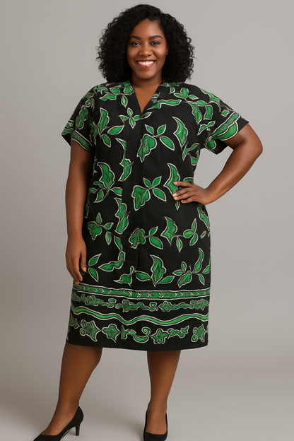 Green & Black Leaf-Print Ankara Kaftan Dress