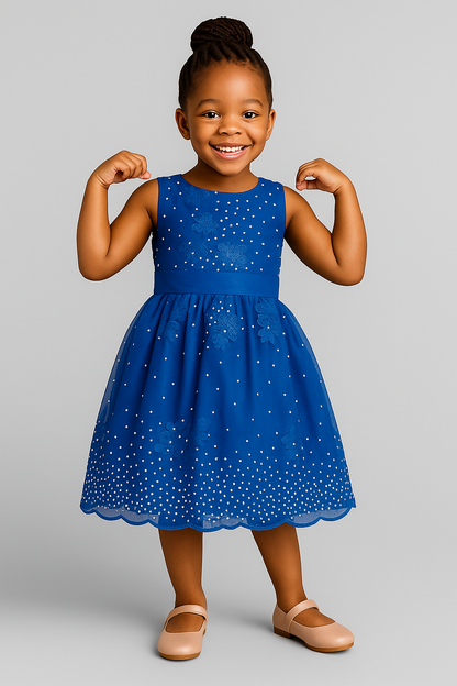 Royal Blue Lace & Pearl Party Dress for Girls – Back Bow Detail